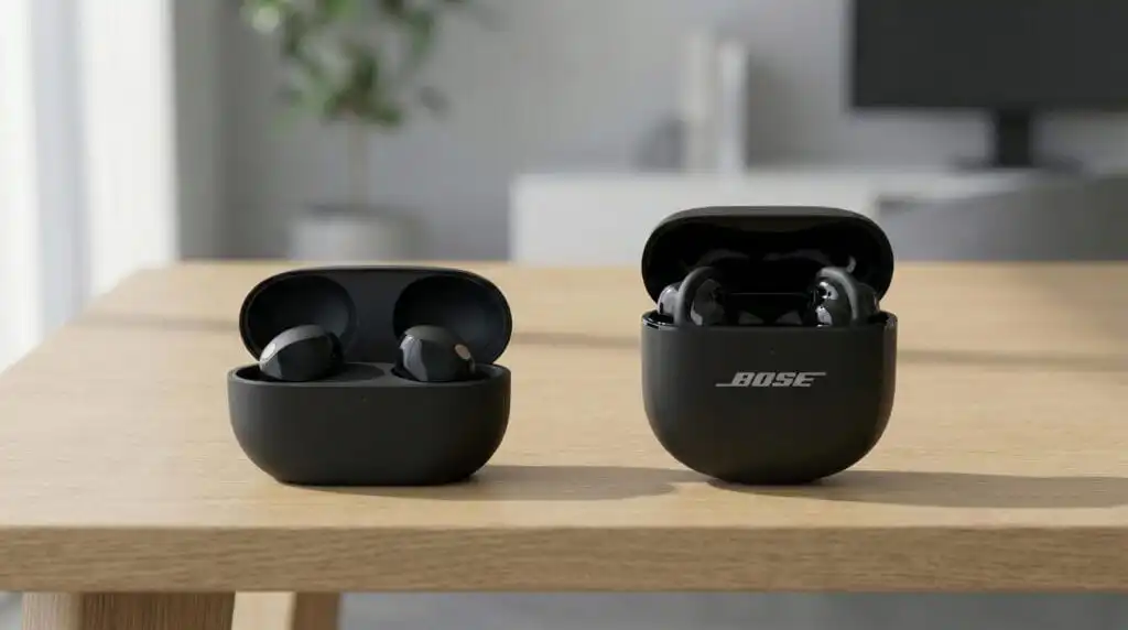 Sony WF-1000XM5 vs Bose QuietComfort Ultra comparison on wooden desk