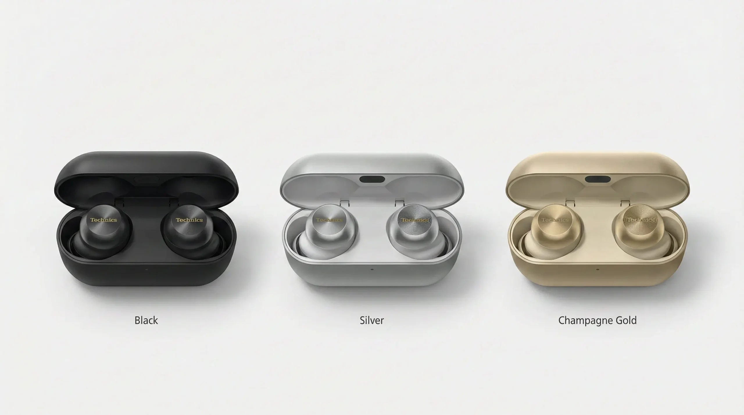 Technics EAH-AZ100 earbuds in Black, Silver and Champagne Gold comparison