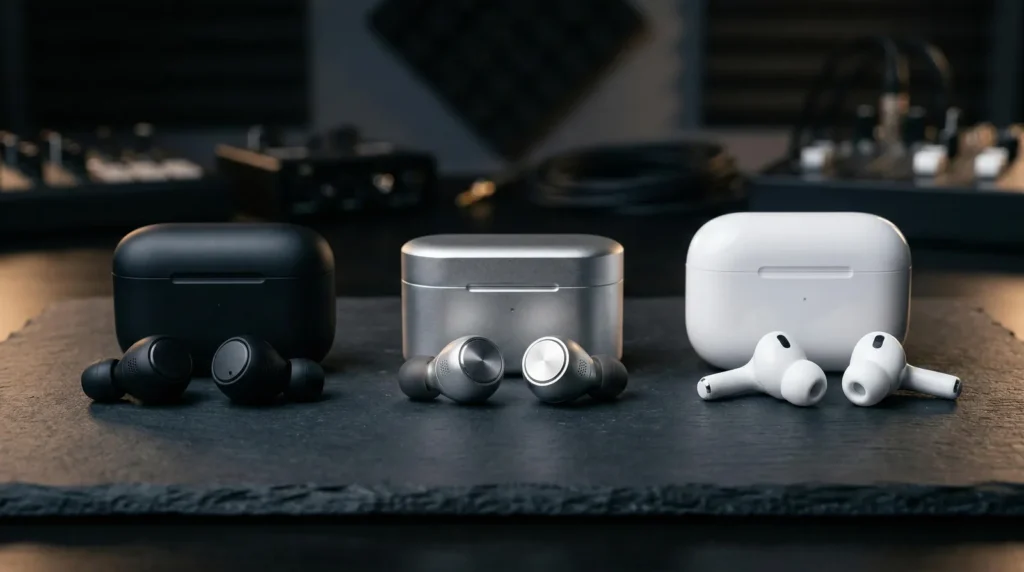 AirPods Pro alternatives 2026 comparison – premium wireless earbuds with charging cases on desk