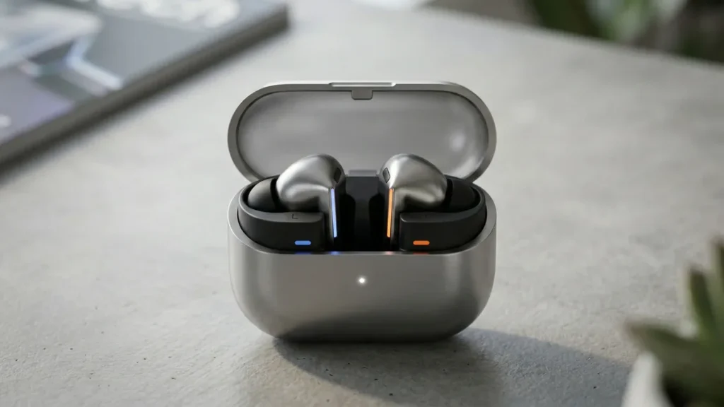Samsung Galaxy Buds 3 Pro earbuds in metallic finish inside open charging case
