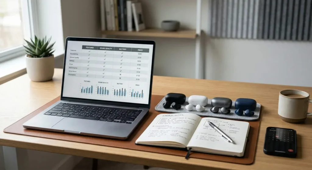 Wireless earbuds comparison and buying guide setup on modern desk