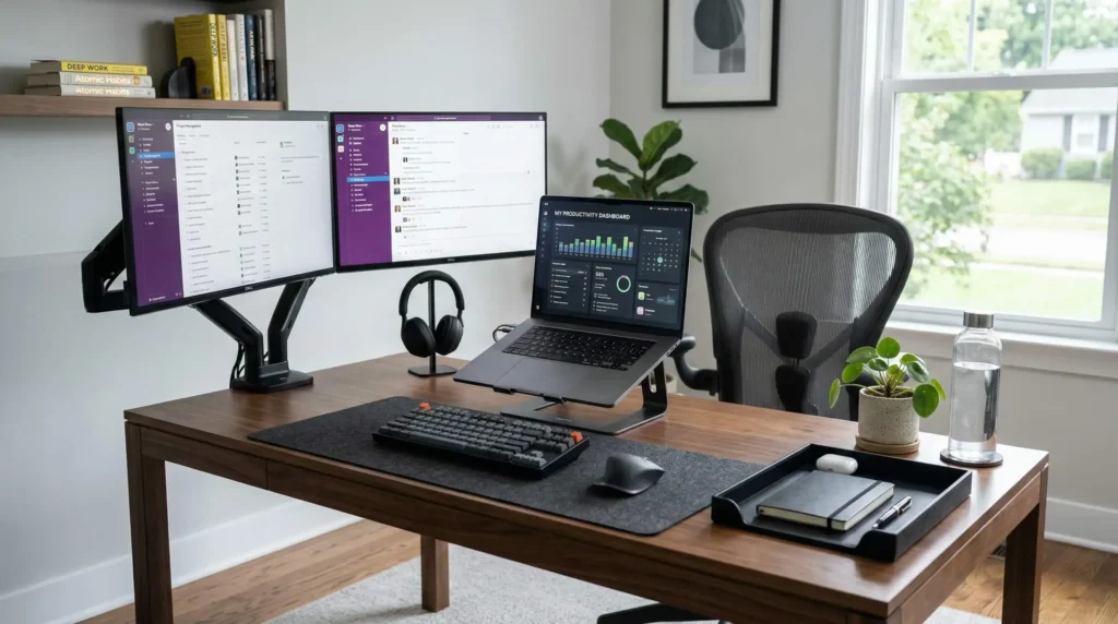 modern work productivity setup with dual monitors and ergonomic home office desk