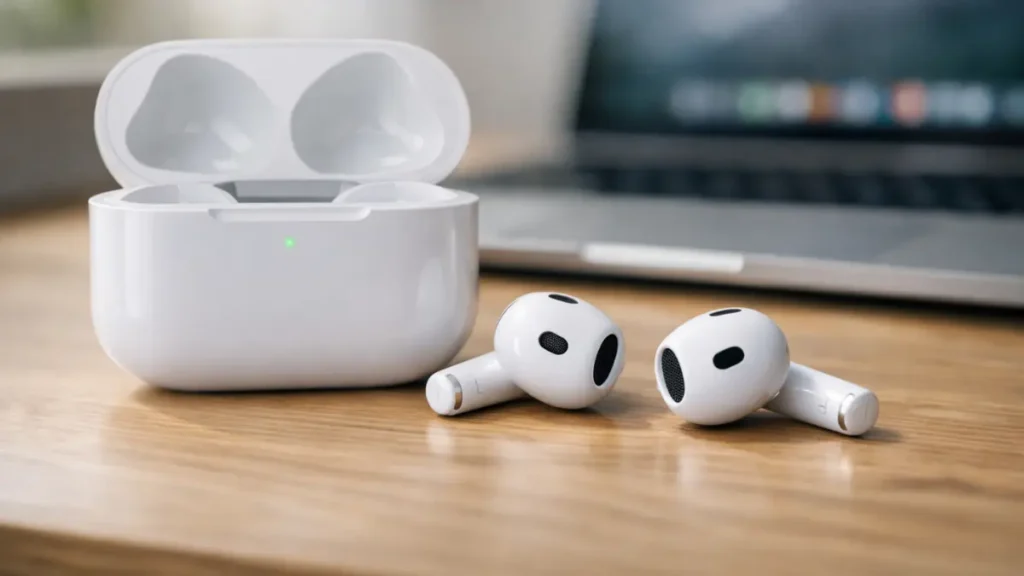 Apple AirPods 4 wireless earbuds and charging case on desk