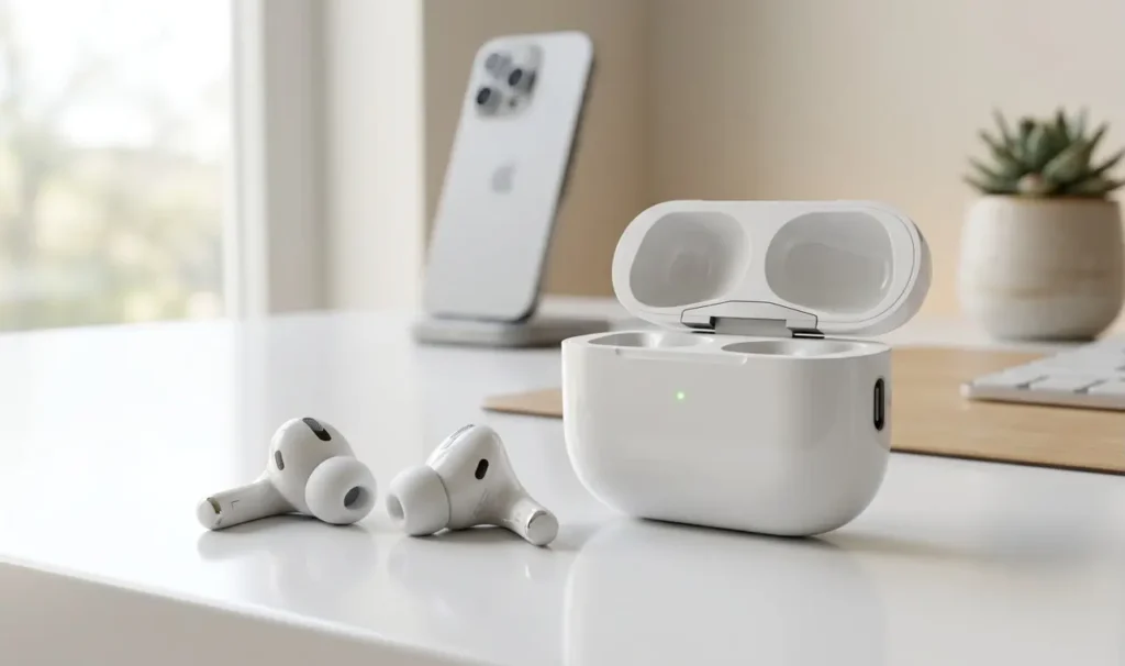 Apple AirPods Pro 2 USB-C earbuds with charging case on modern workspace desk