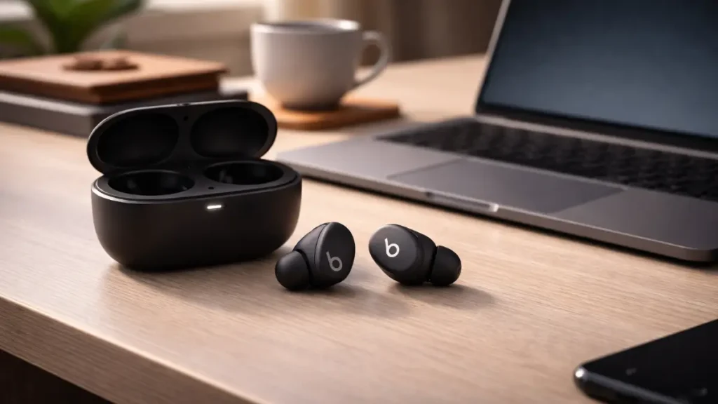 Beats Studio Buds Plus empty charging case with earbuds placed outside on desk review 2026