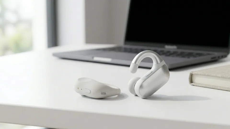 Best clip-on earbuds 2026 ear cuff style open-ear design on desk