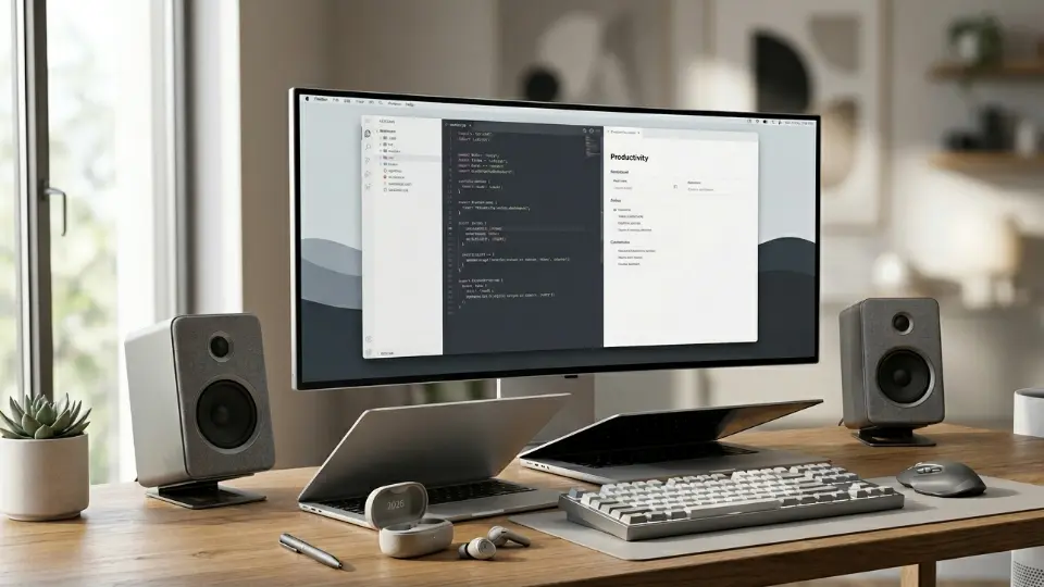 best desk audio setup for focus 2026 with speakers and earbuds combo on clean workspace