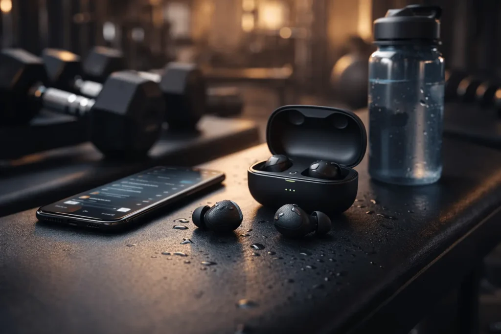best earbuds for gym workout sweatproof wireless earbuds on fitness bench with smartphone