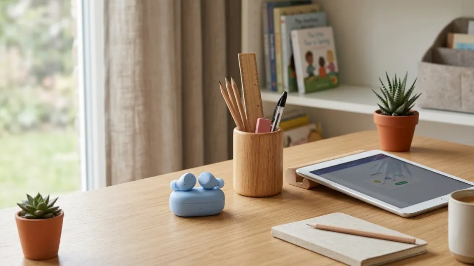 wireless earbuds for kids and teenagers on a study desk with school supplies safe listening setup