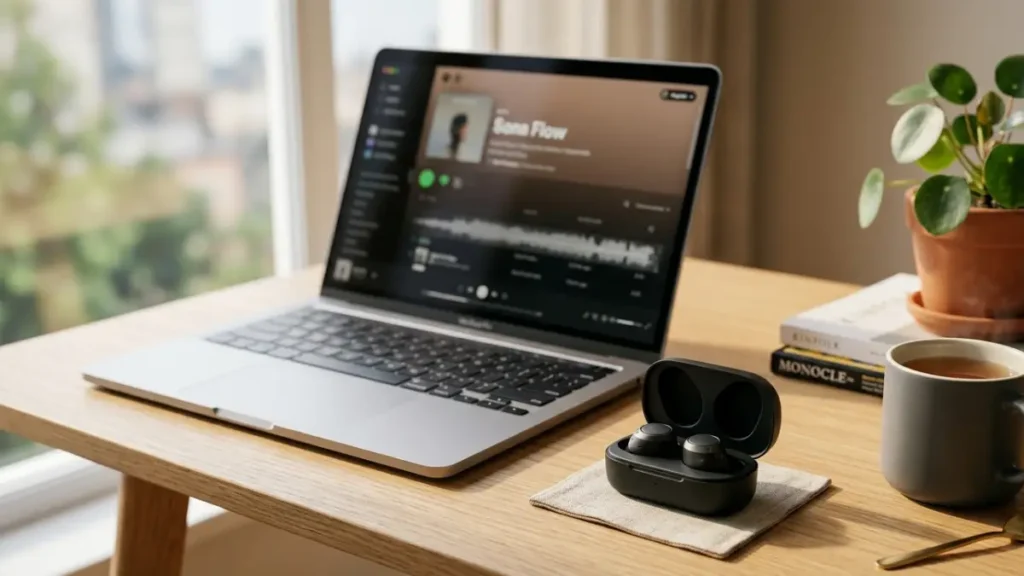 best earbuds for low volume listening 2026 on clean desk setup with laptop