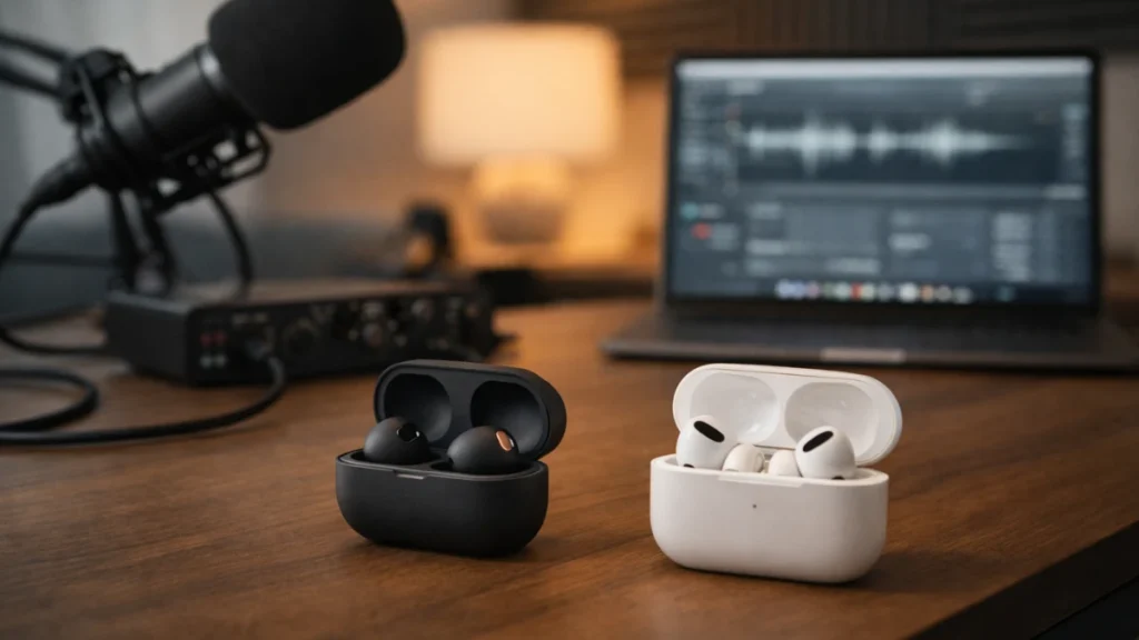 best wireless earbuds for podcast and voice recording setup with microphone and audio interface on desk