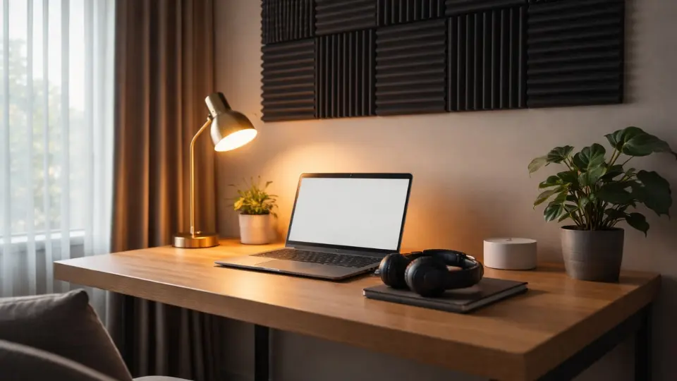 quiet home workspace setup with acoustic panels curtains and noise reduction tools for better focus