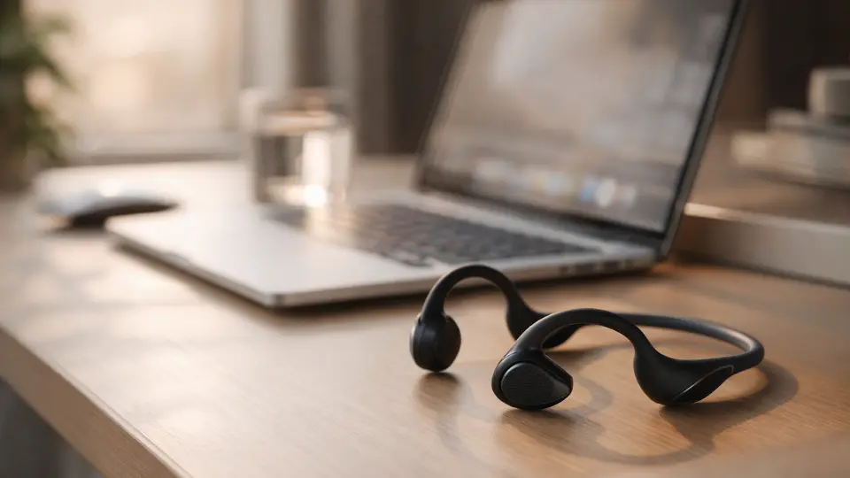 best open-ear headphones for work and safety 2026 on desk setup with laptop