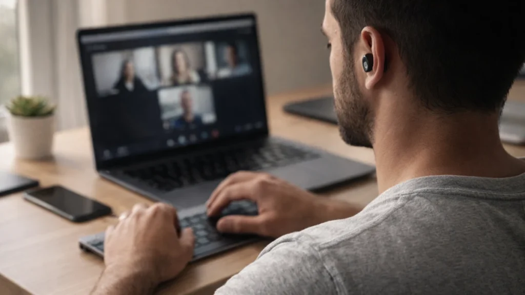 person using wireless earbuds for zoom meetings and work from home setup with clear call quality
