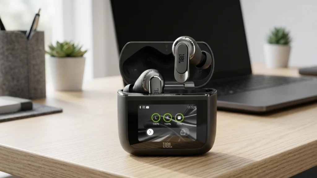 JBL Tour Pro 3 wireless earbuds and charging case on desk review image