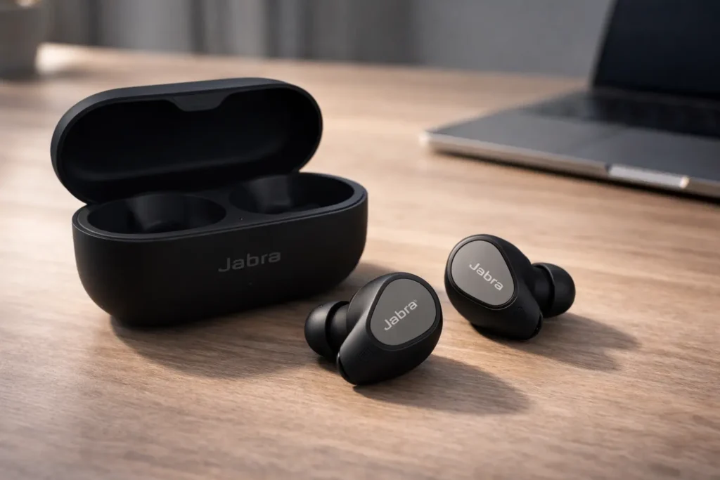 Jabra Elite 10 Gen 2 wireless earbuds with charging case on modern workspace desk