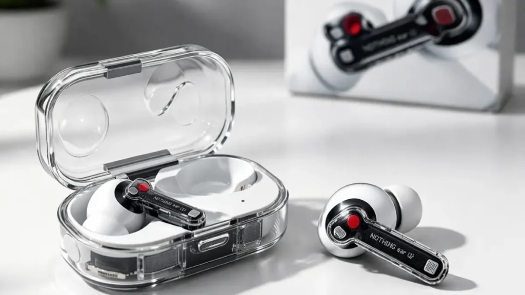 Nothing Ear 2026 earbuds and transparent case real world product photography