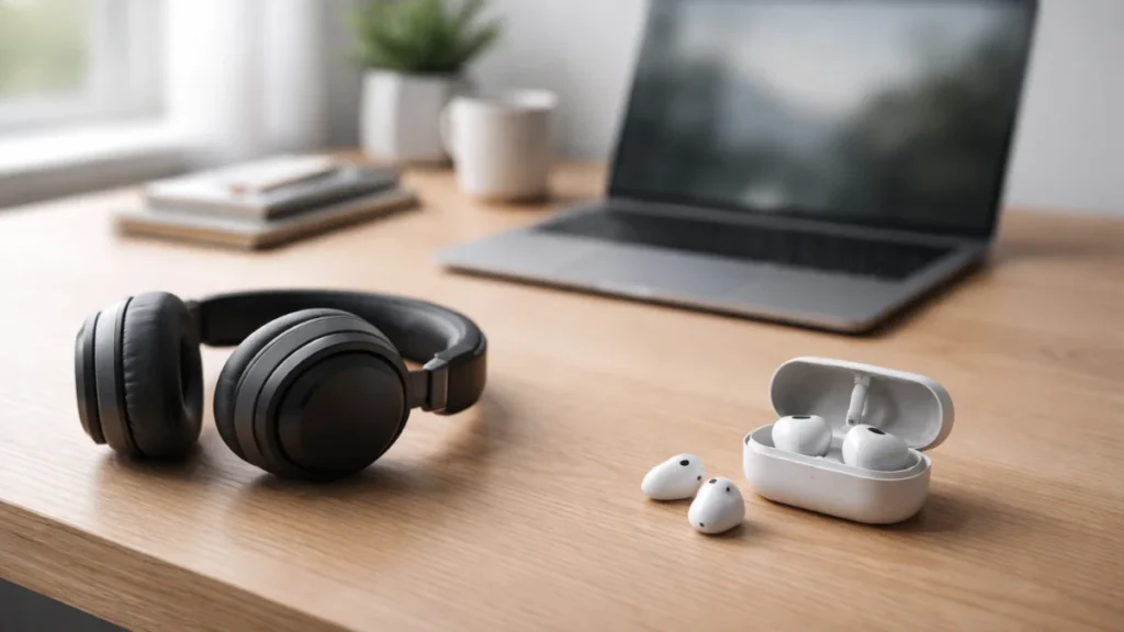 over ear headphones vs earbuds comparison for work and focus on minimalist desk
