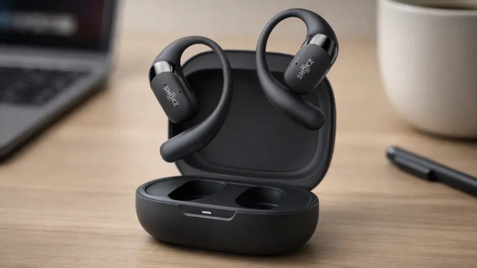 Shokz OpenFit 2 open-ear headphones on desk with charging case realistic review setup 2026