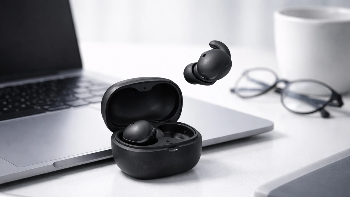 Sony LinkBuds Fit wireless earbuds with ergonomic wing design and compact charging case in a clean setup