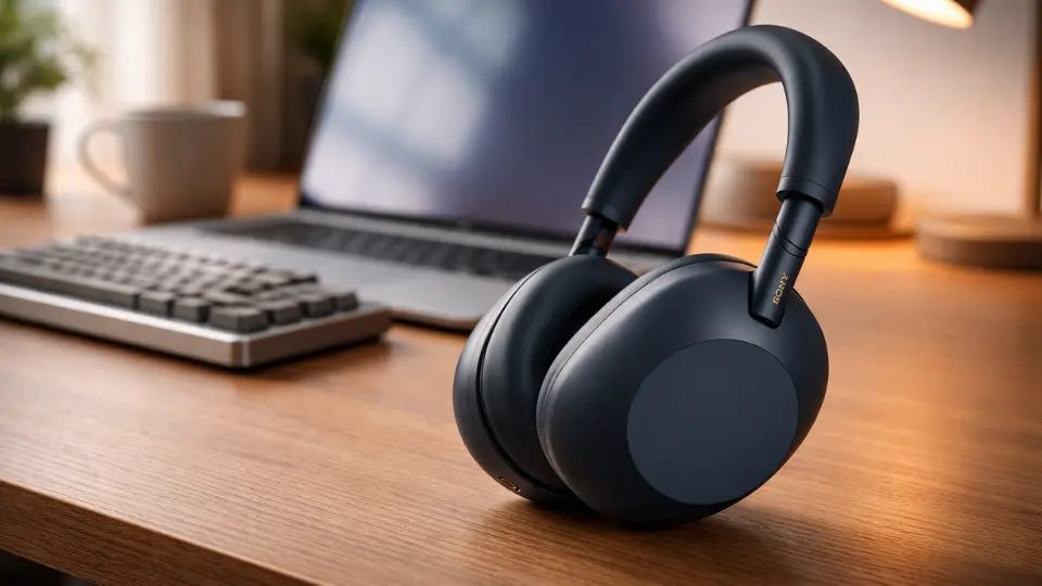 Sony WH-1000XM6 headphones on desk setup realistic review image work productivity setup