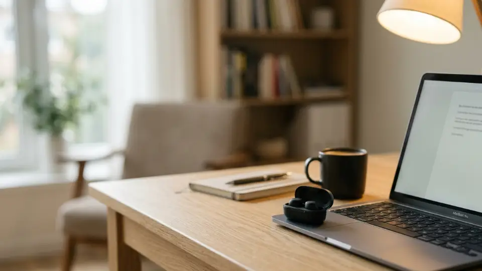 Minimal workspace setup for deep focus with wireless earbuds and a clean desk in 2026