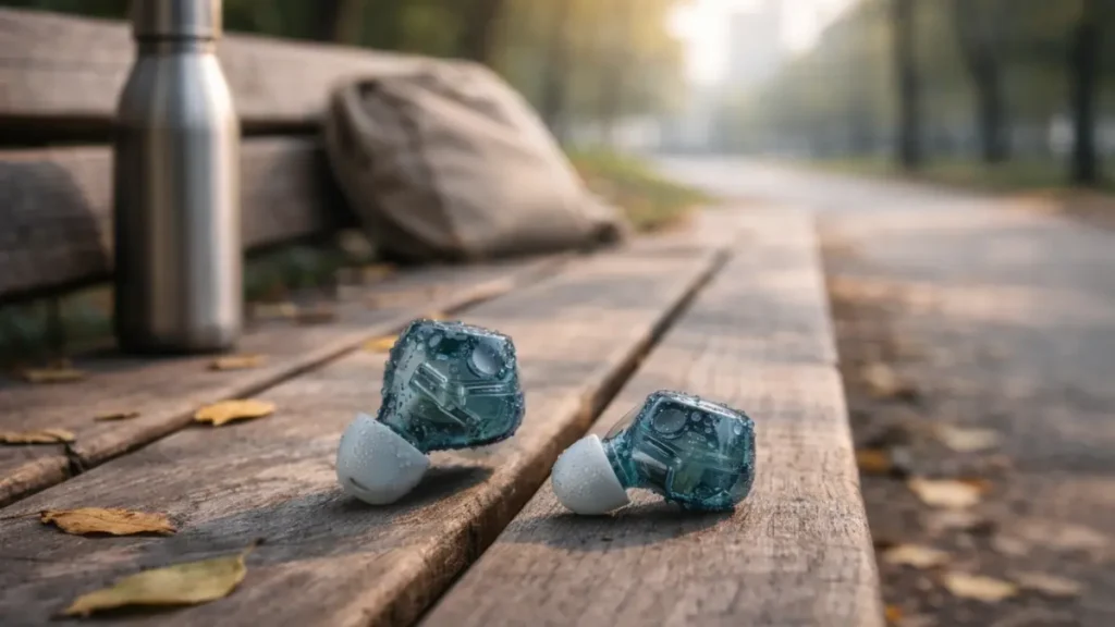 water resistant wireless earbuds on park bench outdoor walking scene real life daily commute use