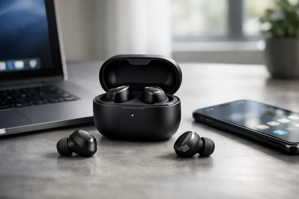 Wireless multipoint Bluetooth earbuds connected to laptop and smartphone on modern workspace desk