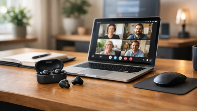 complete work from home audio setup with wireless earbuds laptop and modern home office desk for clear calls and productivity