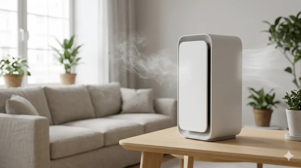 air purifier removing smoke particles in a modern living room