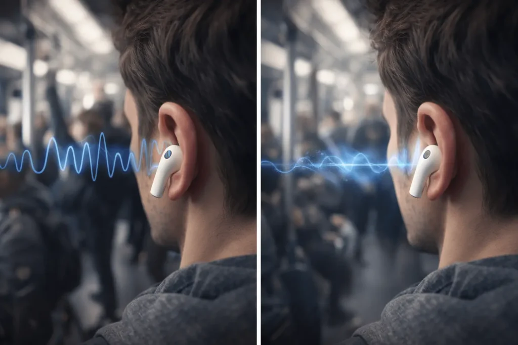 ANC vs passive noise isolation wireless earbuds comparison showing how earbuds block external sound