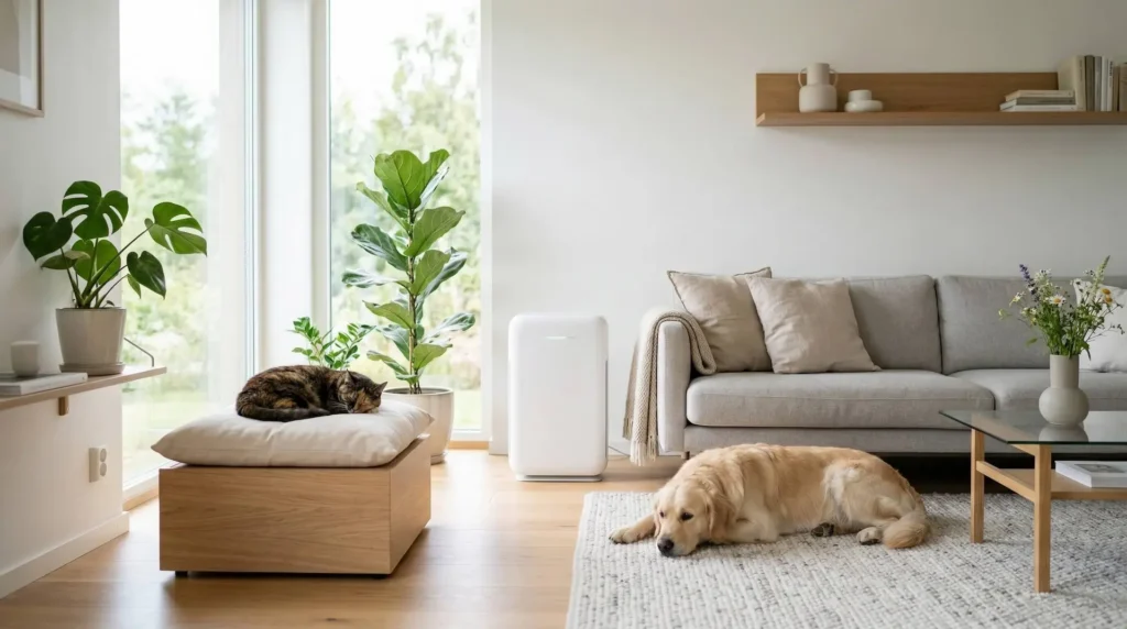 air purifier removing pet hair and pet dander in a modern living room