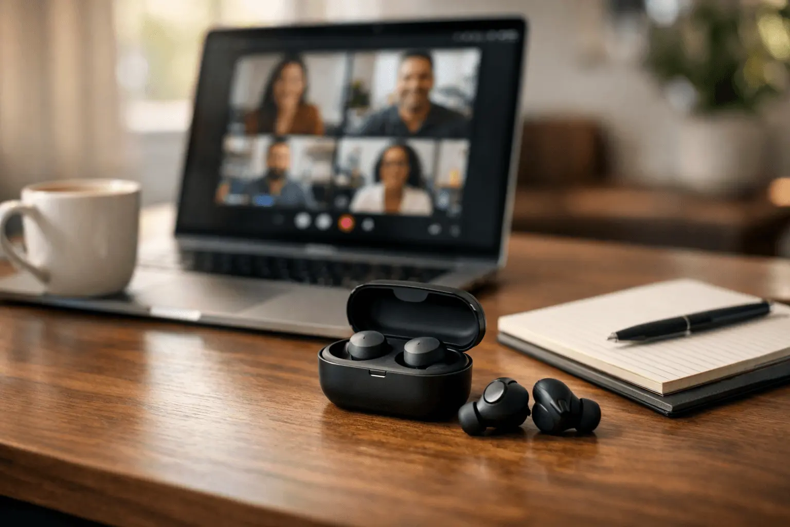 Best earbuds for working from home with Zoom calls in a clean desk setup showing laptop and microphone use