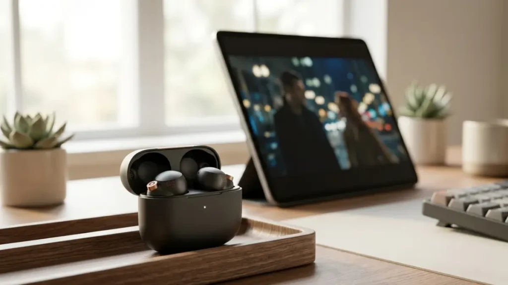 Wireless earbuds with spatial audio placed on desk next to tablet streaming a movie