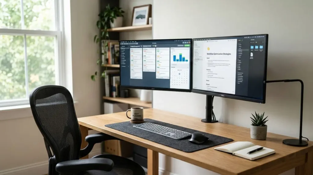 dual monitor productivity workspace desk setup