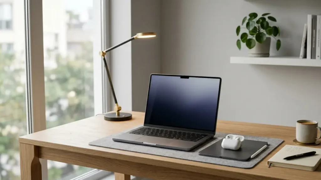 minimalist study desk setup with laptop earbuds lighting clean workspace productivity focus environment