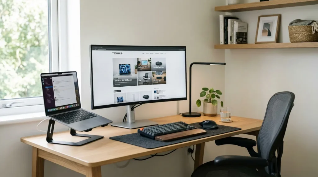 best work from home desk setup with monitor laptop ergonomic workspace