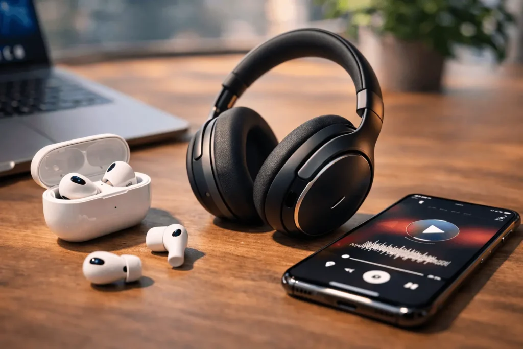 wireless headphones and earbuds connected to smartphone showing bluetooth audio
