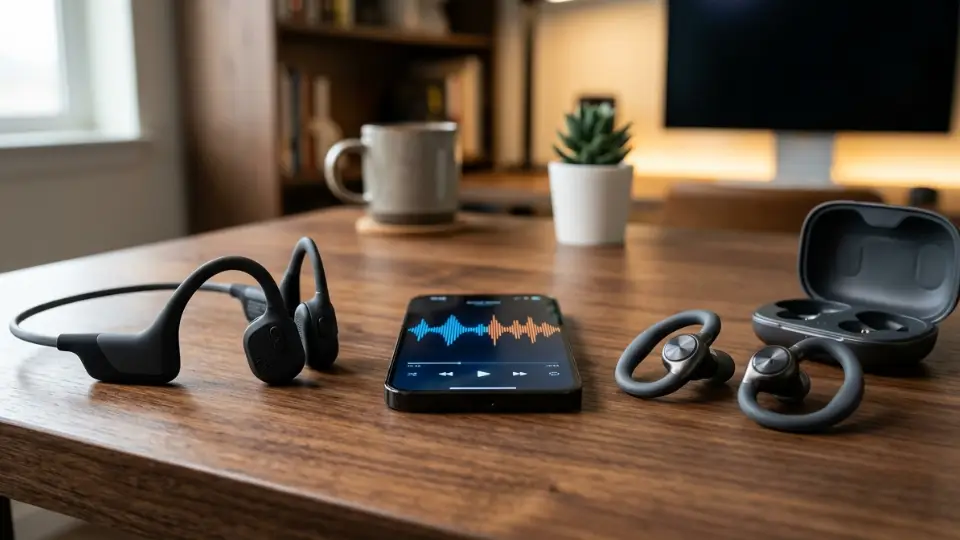 A side-by-side visual of a bone conduction headset and an open-ear air conduction earbud resting on a sleek modern desk with a smartphone