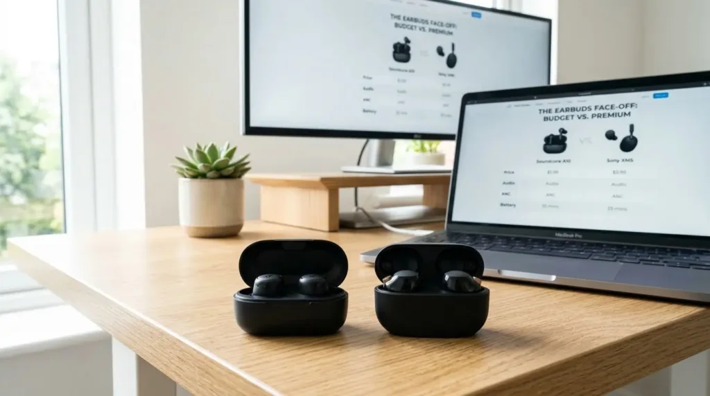 budget vs premium earbuds comparison on minimalist desk setup