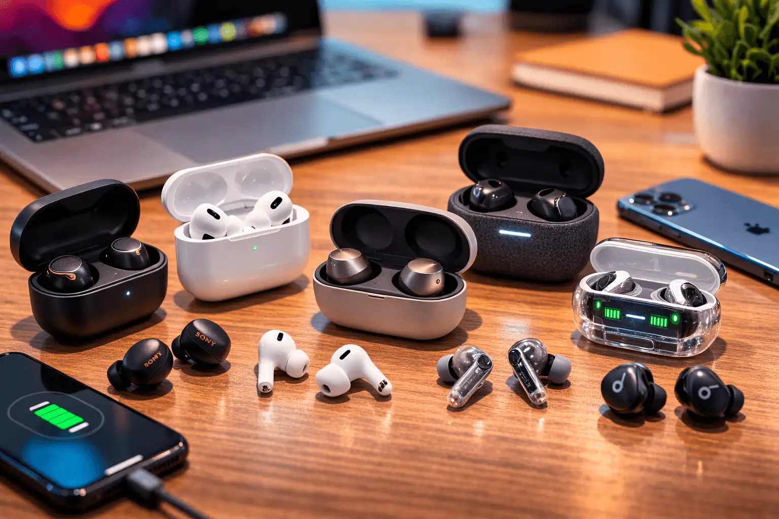 Wireless earbuds battery life comparison 2026 showing charging cases and real world usage performance