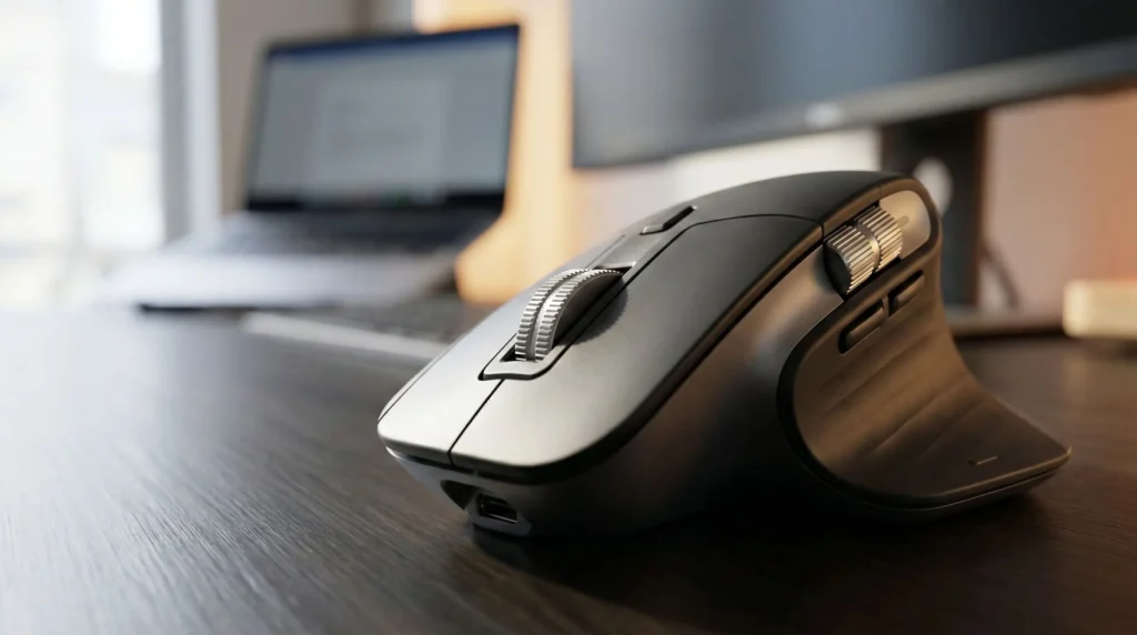 logitech mx master 3s close up scroll wheel and side buttons