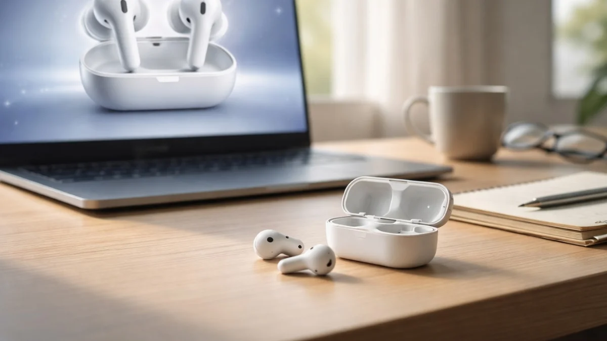 Tech marketing vs real product comparison showing earbuds in a clean desk setup versus real world use