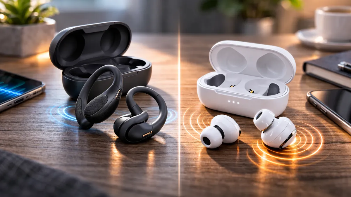 Open ear vs in ear earbuds comparison on desk showing design differences and usage style