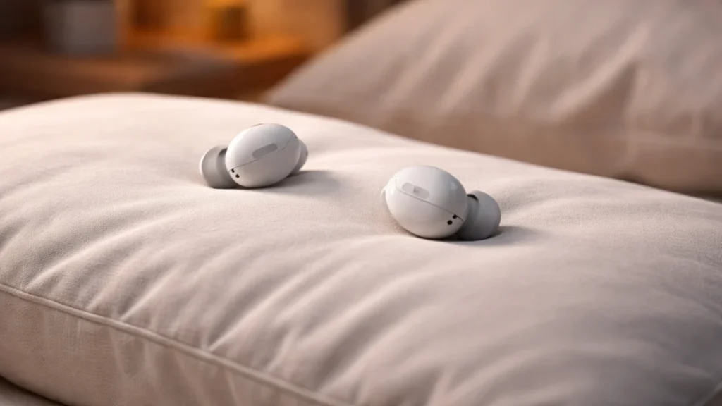 sleep earbuds for side sleepers on pillow close-up
