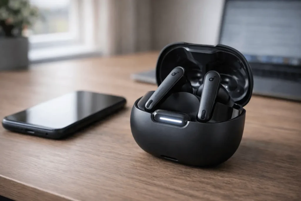 Soundcore Liberty 4 NC wireless earbuds review on desk