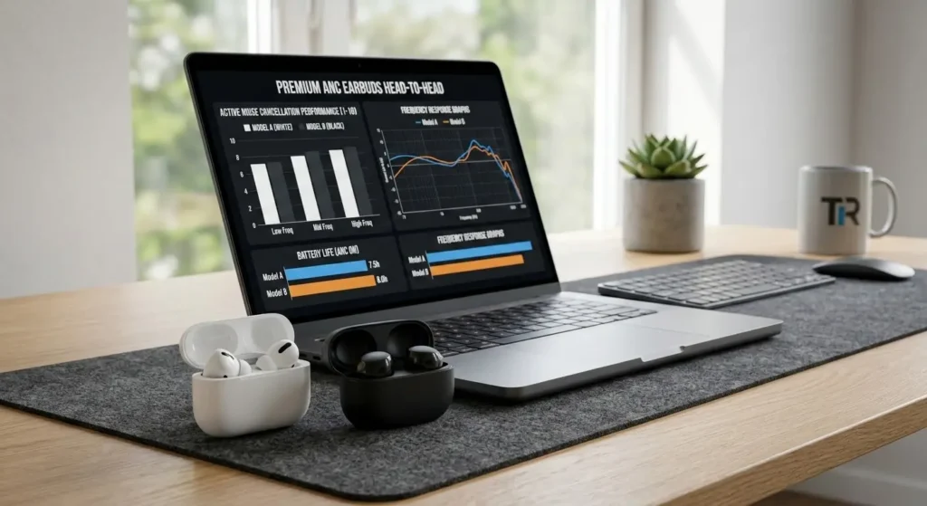side by side tech product comparison workspace with earbuds and laptop charts