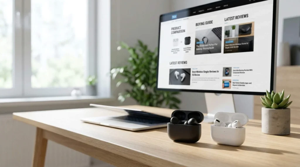 tech product reviews and buying guides workspace with wireless earbuds on desk