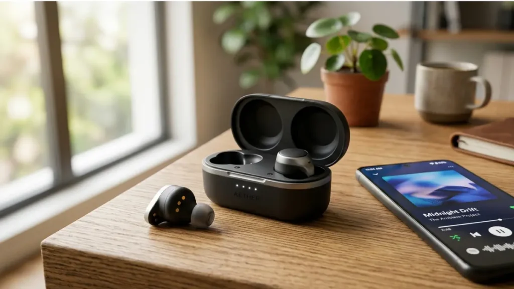 wireless earbuds with long battery life placed beside charging case on desk