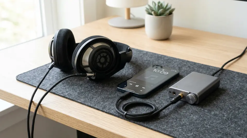 Best portable DAC amp for smartphones 2026 connected via USB-C with wired headphones on desk setup